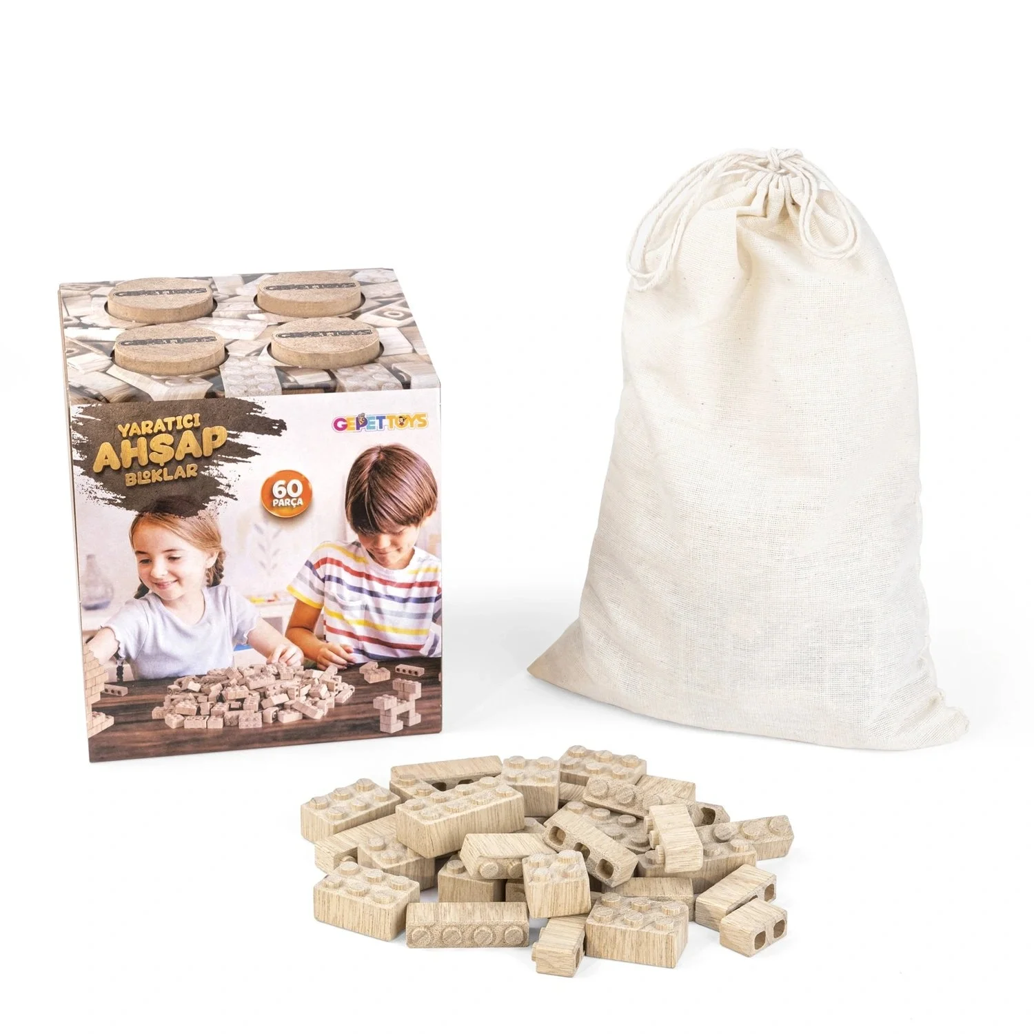 Organik Doğal Ahşap 60 Parça Eğitici Ahşap Yapı Blokları Lego