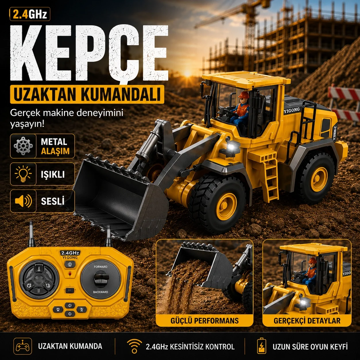 9 Kanal Full Fonksiyon Metal Hareketli Kepçe 2.4GHz RC Kepçe