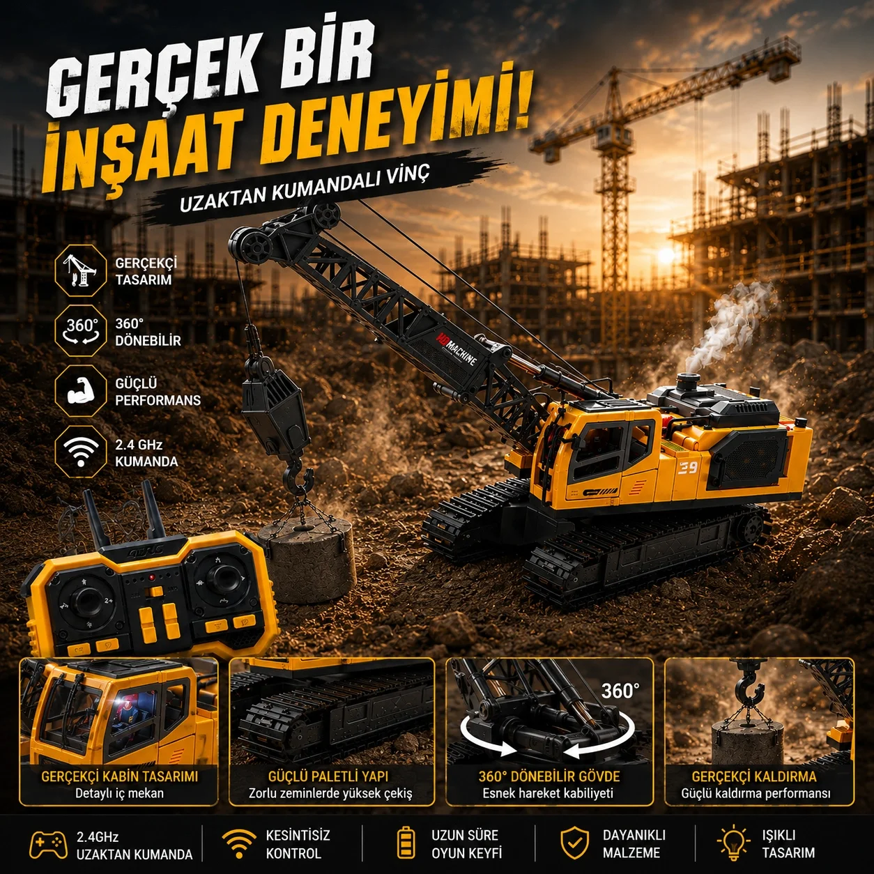 Buharlı Full Fonksiyon 2.4GHz RC Uzaktan Kumandalı RC Vinç Full Fonksiyon Paletli RC Vinç