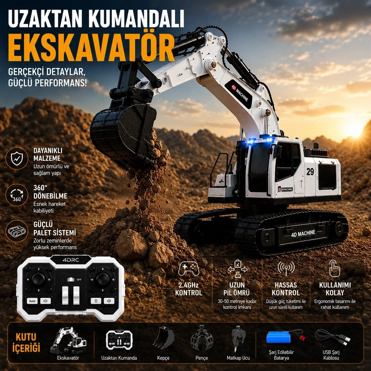 3in1 Excavator Kırıcı Delici Taşıyıcı RC Uzaktan Kumandalı Işıklı Sesli Metal Alaşım Ekskavatör İş Makinesi