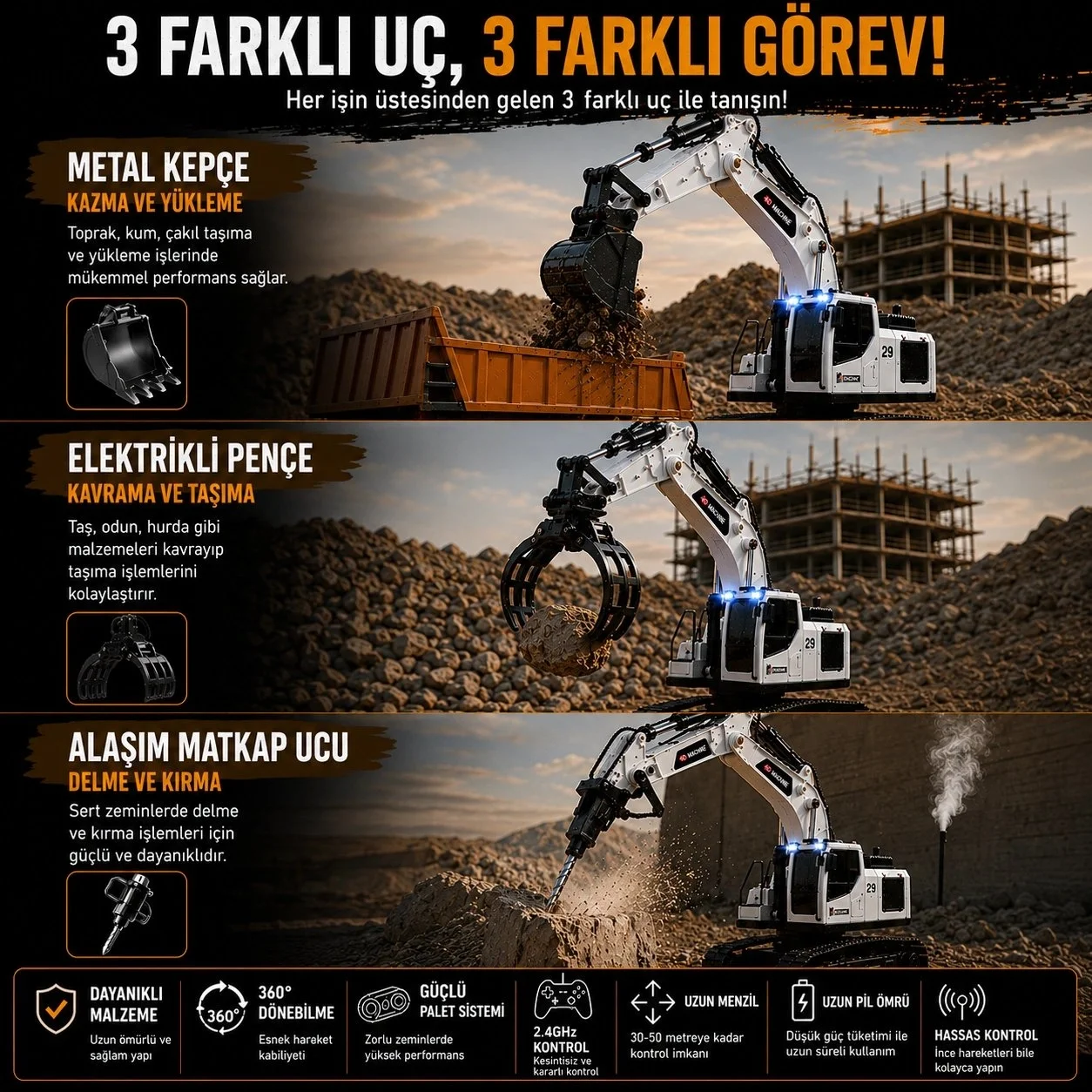 3in1 Excavator Kırıcı Delici Taşıyıcı RC Uzaktan Kumandalı Işıklı Sesli Metal Alaşım Ekskavatör İş Makinesi