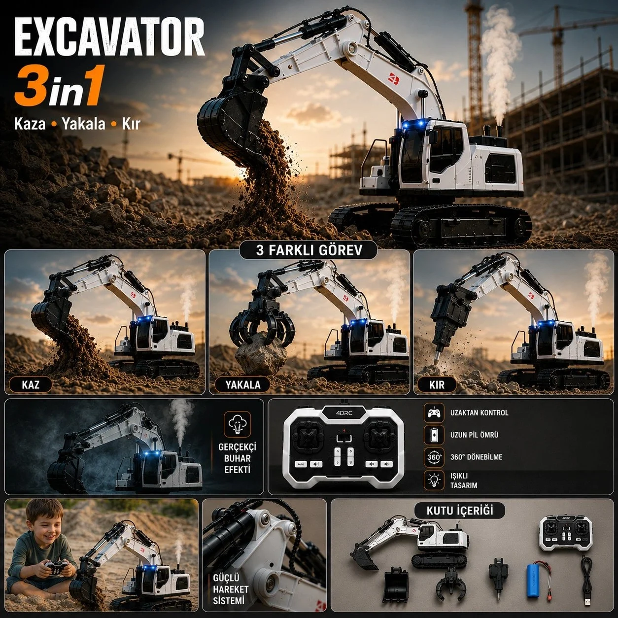 3in1 Excavator Kırıcı Delici Taşıyıcı RC Uzaktan Kumandalı Işıklı Sesli Metal Alaşım Ekskavatör İş Makinesi