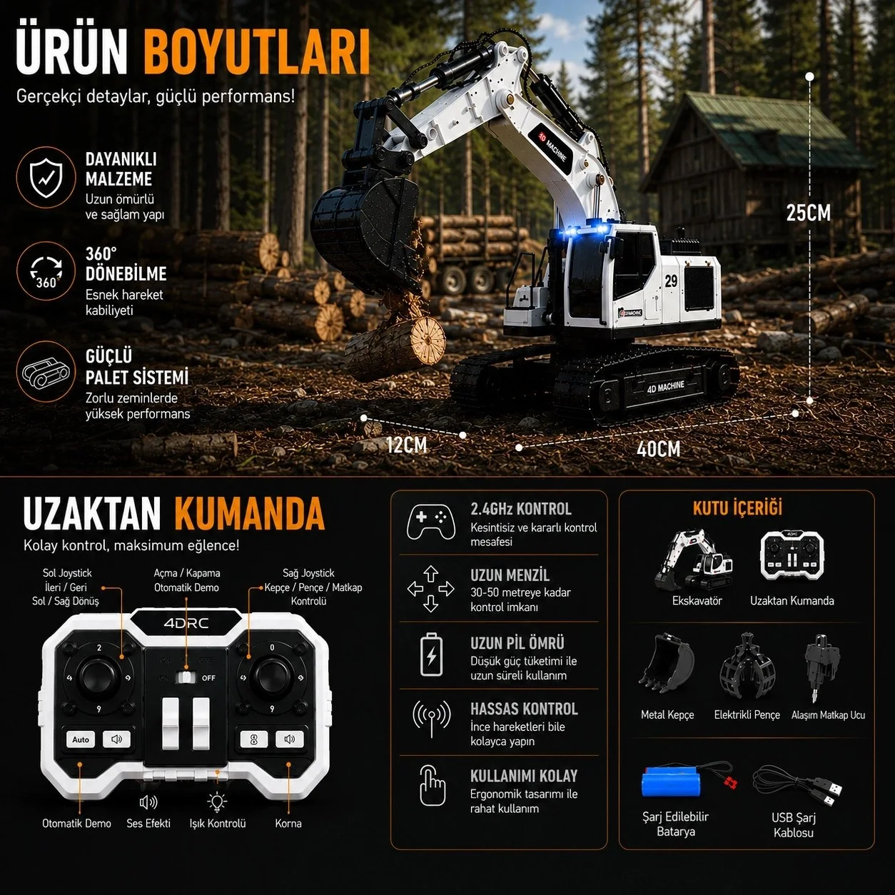 3in1 Excavator Kırıcı Delici Taşıyıcı RC Uzaktan Kumandalı Işıklı Sesli Metal Alaşım Ekskavatör İş Makinesi