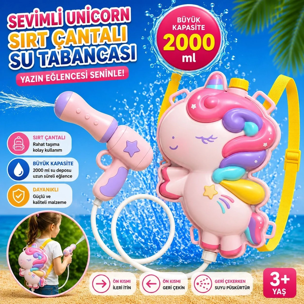 Sırt Çantalı Sırta Takılabilen Pompalı Su Tabancası 2000ML Kapasite Unicorn