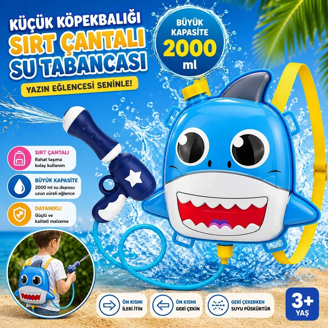 Sırt Çantalı Sırta Takılabilen Pompalı Su Tabancası 2000ML Kapasite Shark