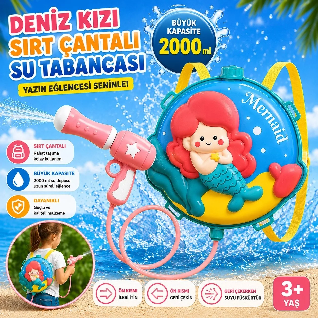 Sırt Çantalı Sırta Takılabilen Pompalı Su Tabancası 2000ML Kapasite Deniz Kızı