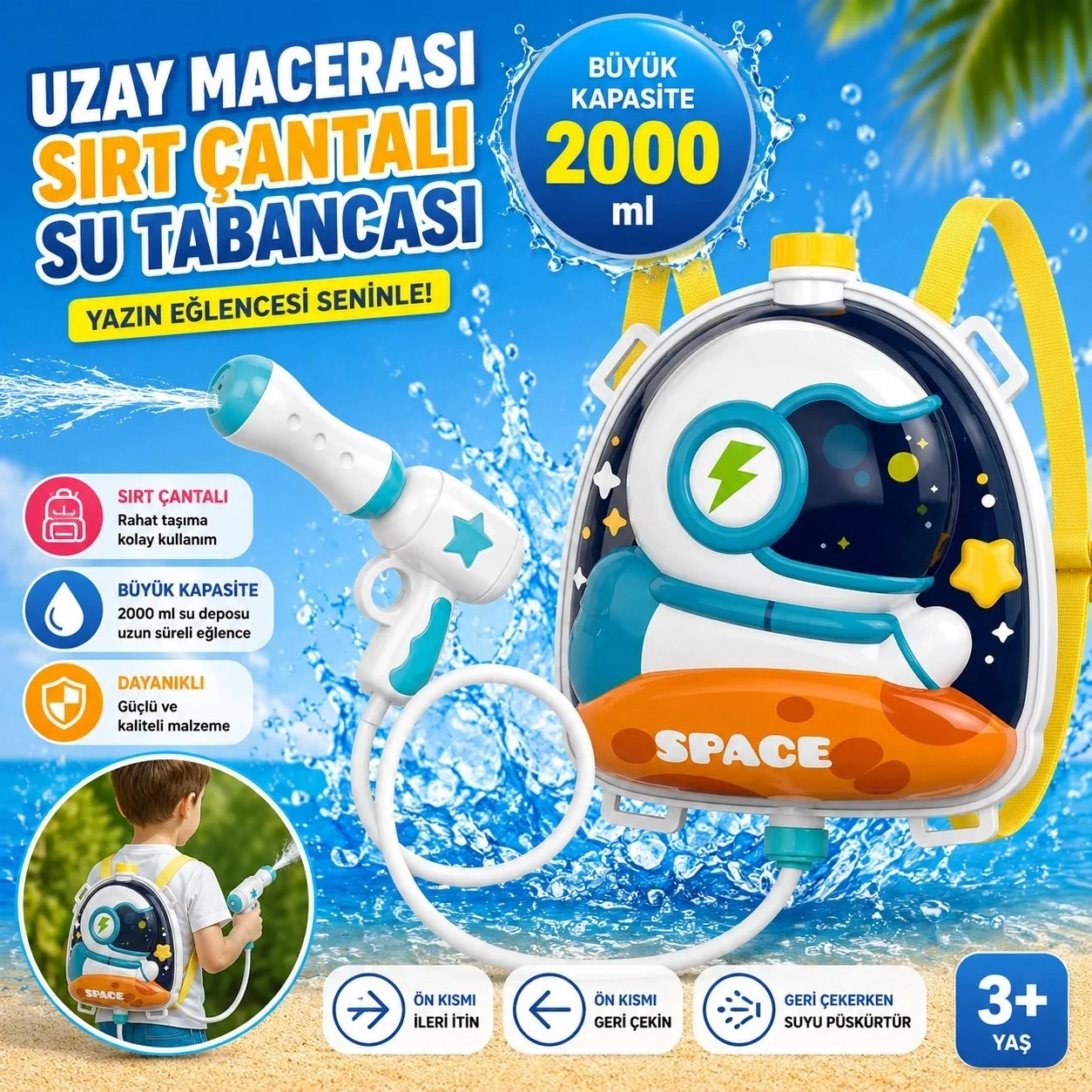 Mofy Baby Sırt Çantalı Sırta Takılabilen Pompalı Su Tabancası 2000ML Kapasite