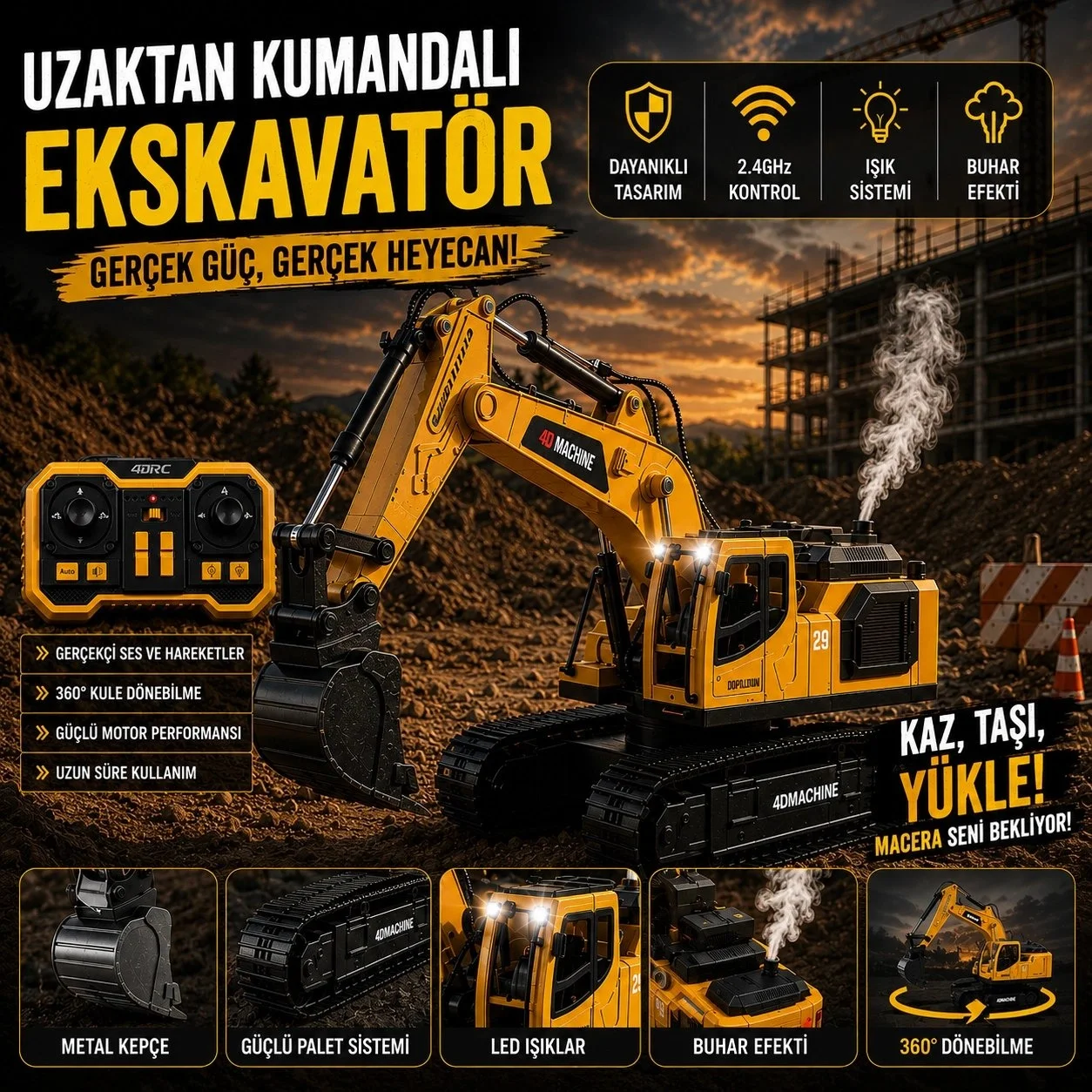 Buharlı Işıklı Sesli Metal Alaşım Excavator Uzaktan Kumandalı RC İş Makinesi
