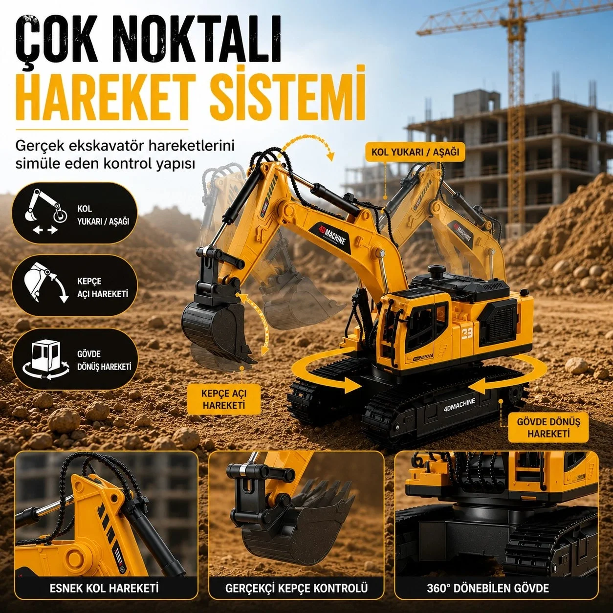 Buharlı Işıklı Sesli Metal Alaşım Excavator Uzaktan Kumandalı RC İş Makinesi