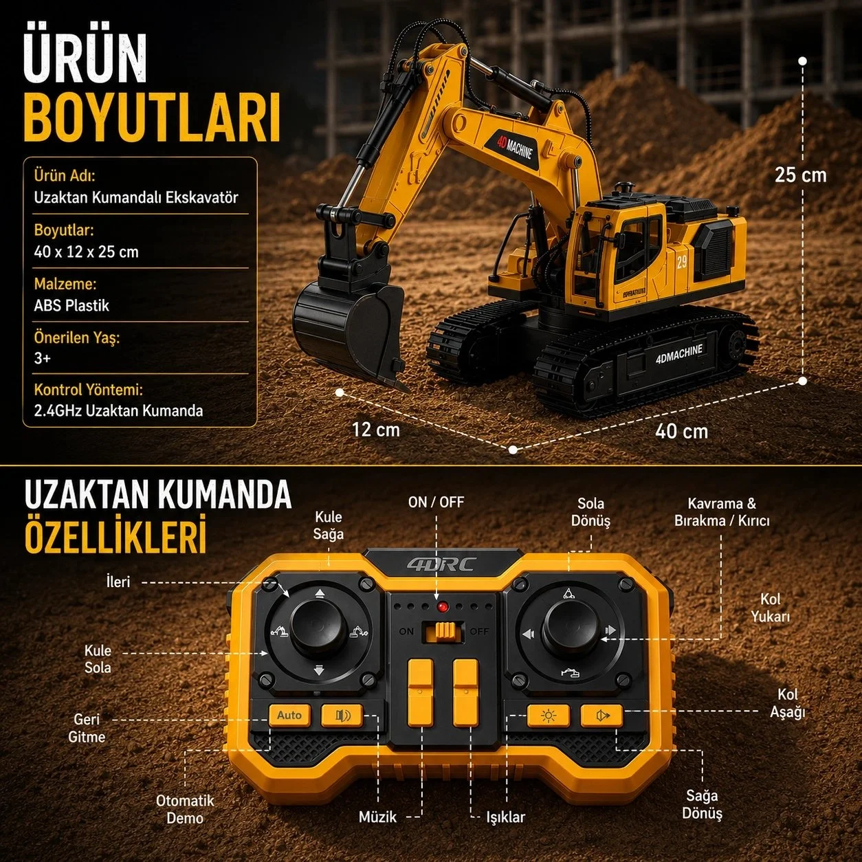 Buharlı Işıklı Sesli Metal Alaşım Excavator Uzaktan Kumandalı RC İş Makinesi