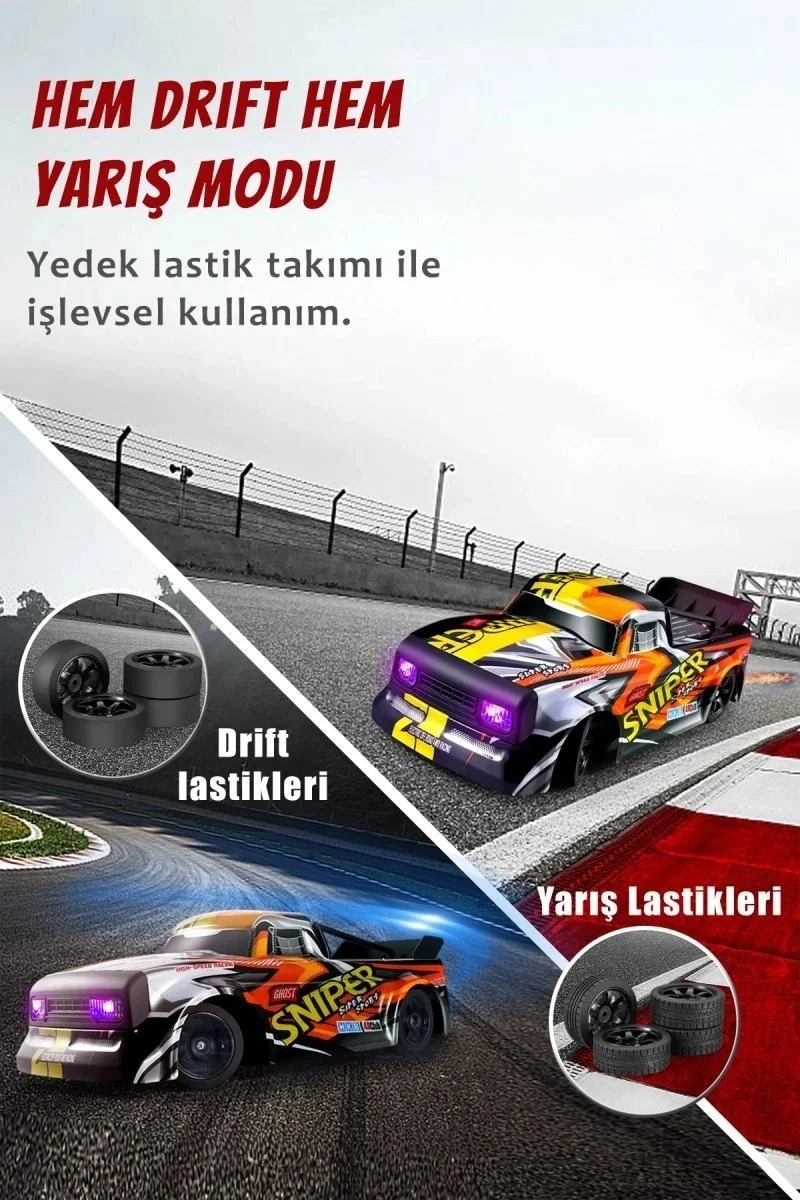 1:16 30 KM Hız Yapan LED Işıklı Yedek Lastikli Elektrikli 2.4 GHz Uzaktan Kumandalı RC Drift Araba