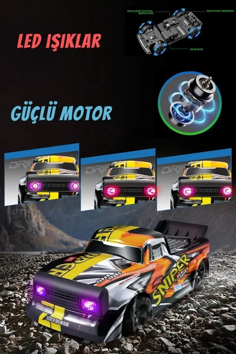 1:16 30 KM Hız Yapan LED Işıklı Yedek Lastikli Elektrikli 2.4 GHz Uzaktan Kumandalı RC Drift Araba