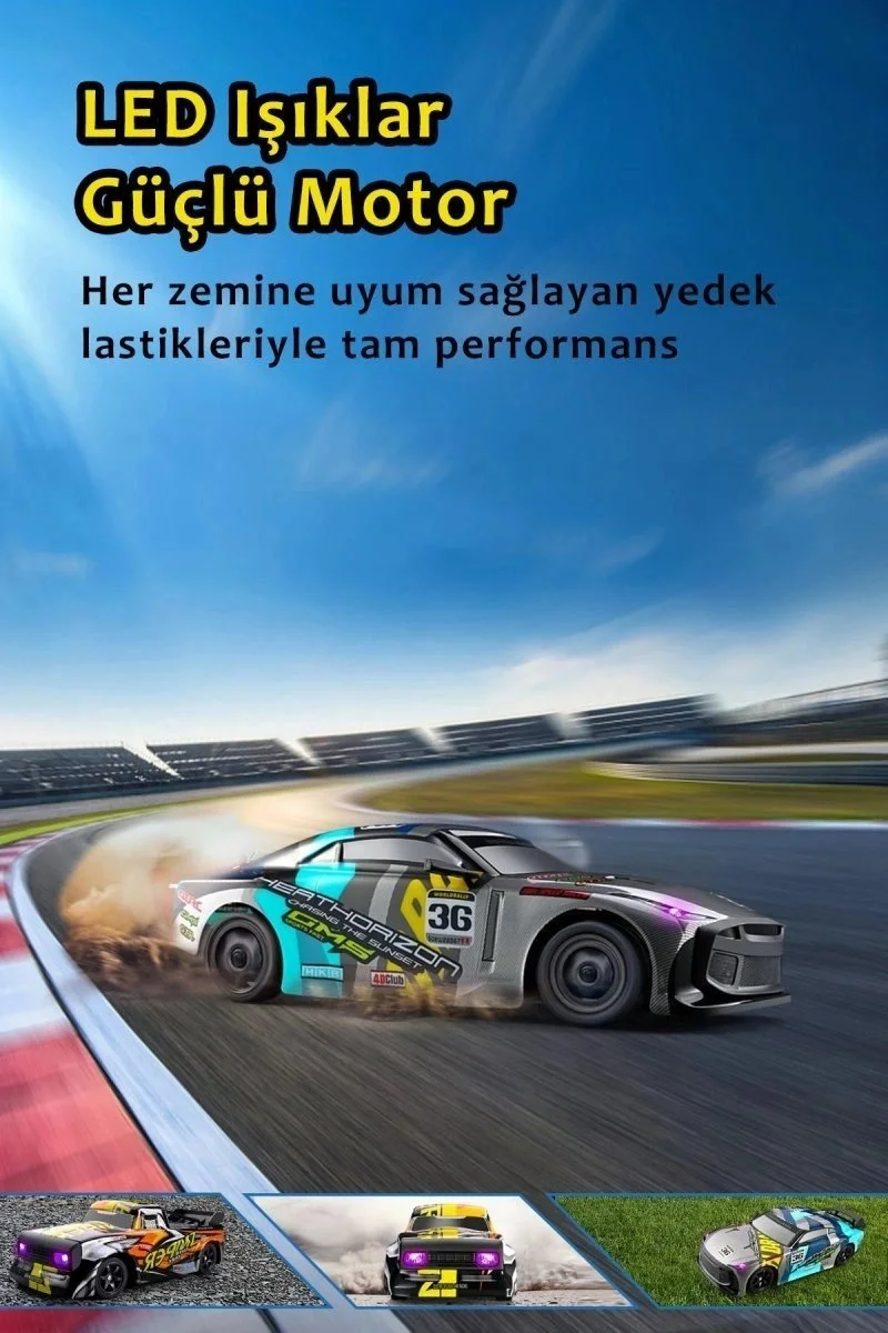 1:16 30 KM Hız Yapan LED Işıklı Yedek Lastikli Elektrikli 2.4 GHz Uzaktan Kumandalı RC Drift Araba Mavi