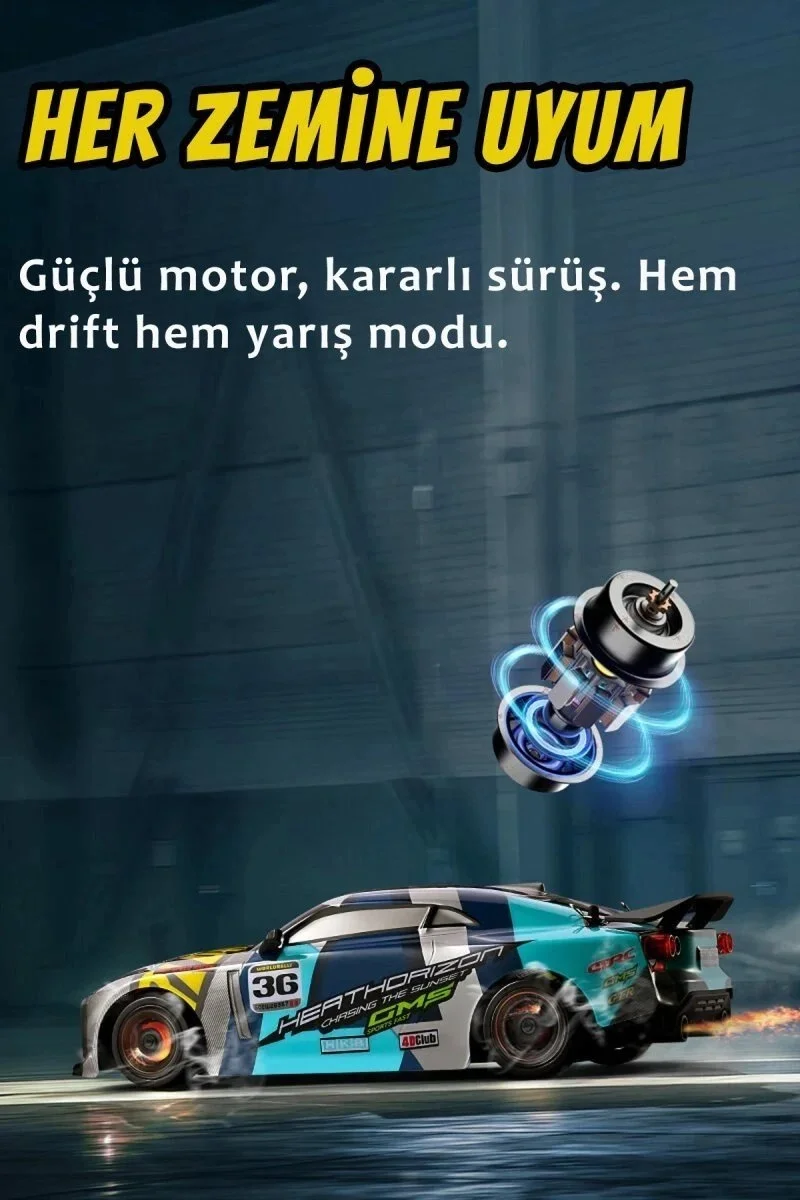 1:16 30 KM Hız Yapan LED Işıklı Yedek Lastikli Elektrikli 2.4 GHz Uzaktan Kumandalı RC Drift Araba Mavi