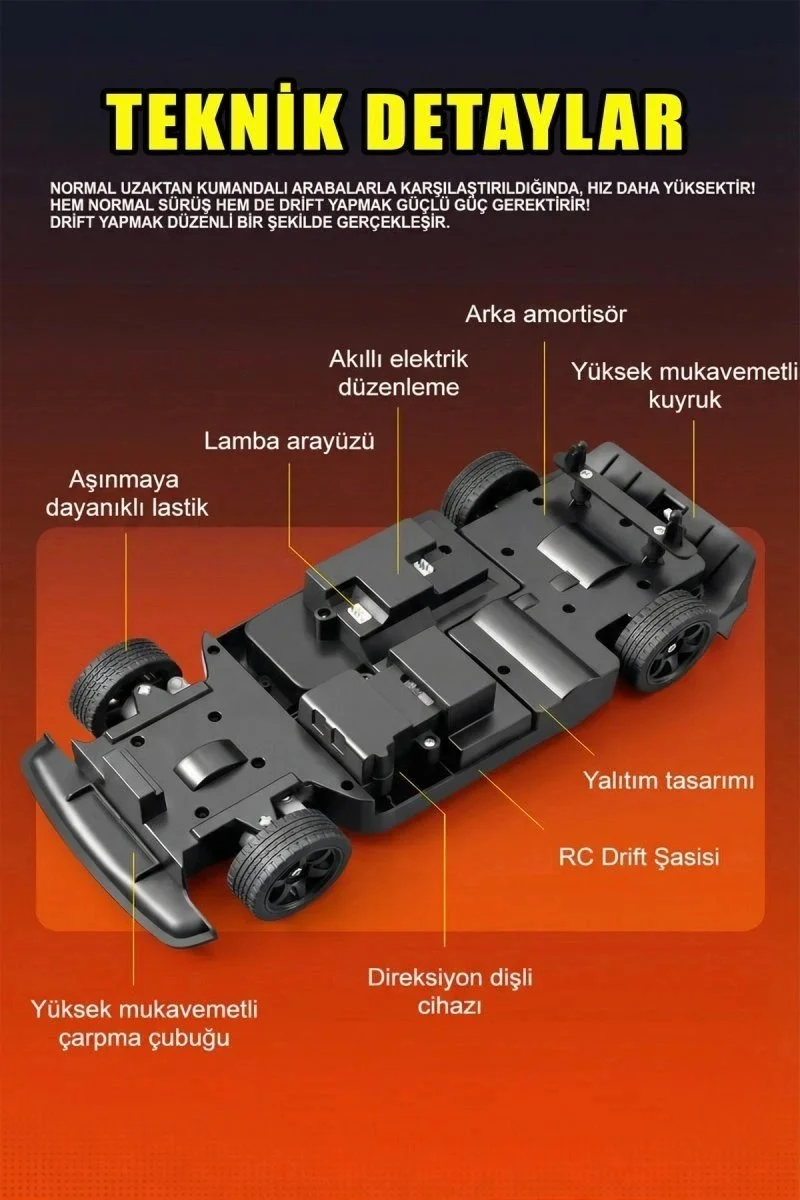 1:16 30 KM Hız Yapan LED Işıklı Yedek Lastikli Elektrikli 2.4 GHz Uzaktan Kumandalı RC Drift Araba Mavi