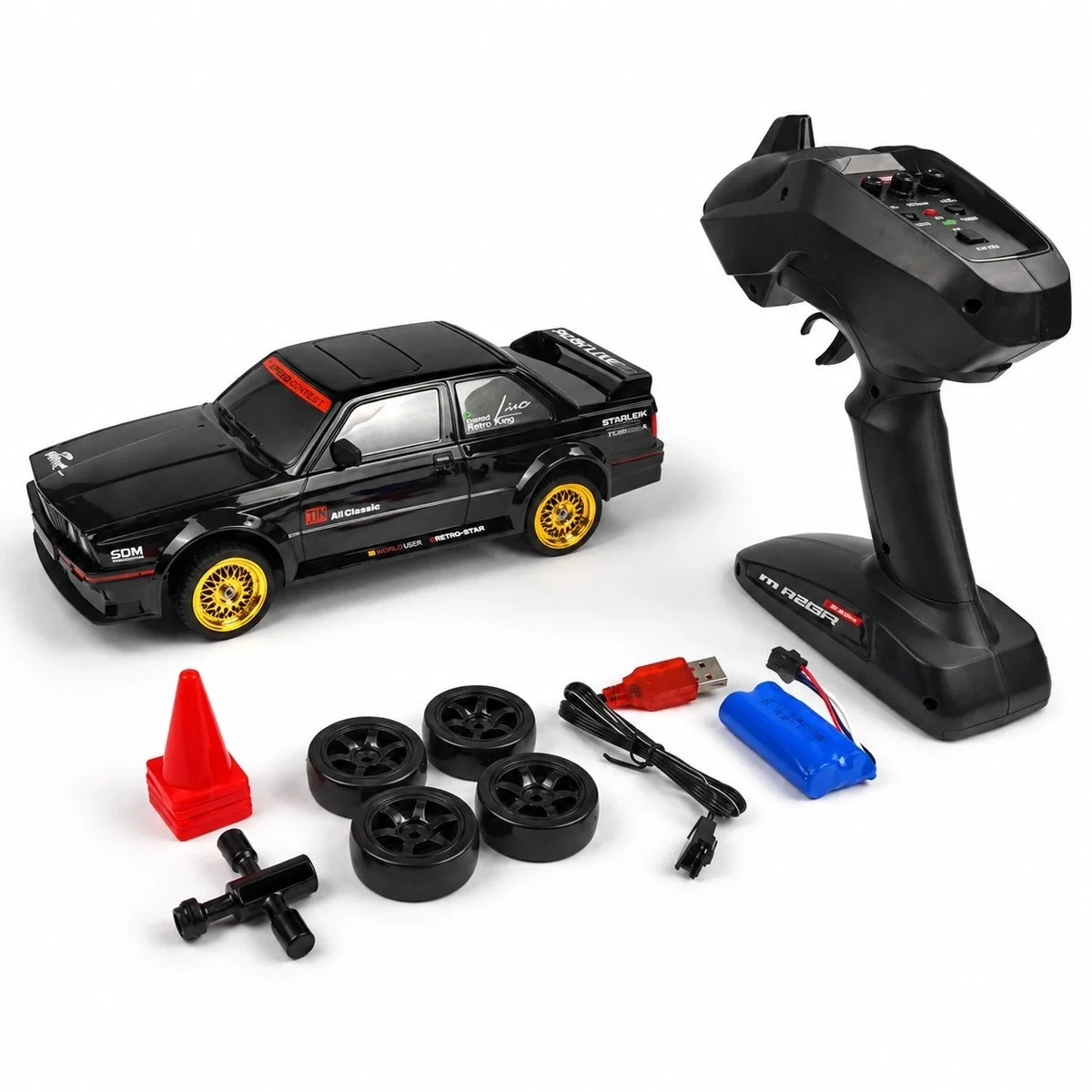 1/16 4WD 50 KM Hızlı E30 RC Drift Uzaktan Kumandalı Yedek Lastikli Oyuncak Drift Araba Siyah