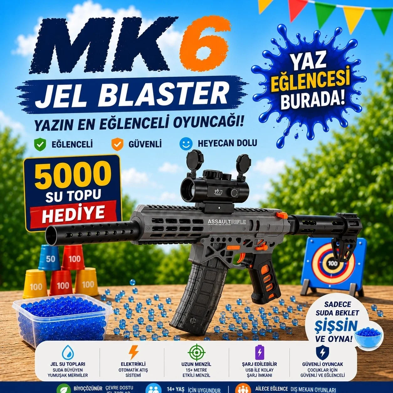 MK6 Gel Blaster Su Topu Atan Oyuncak Şarjlı Gri