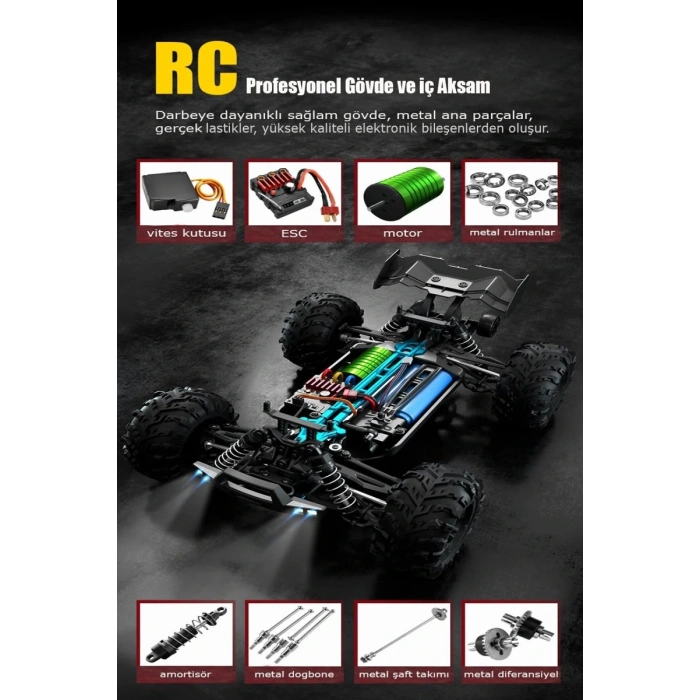 Profesyonel RC Uzaktan Kumandalı Araba 4WD 1:16 Metal İç Aksam 70km/H Şarjlı 4x4 Model Araç
