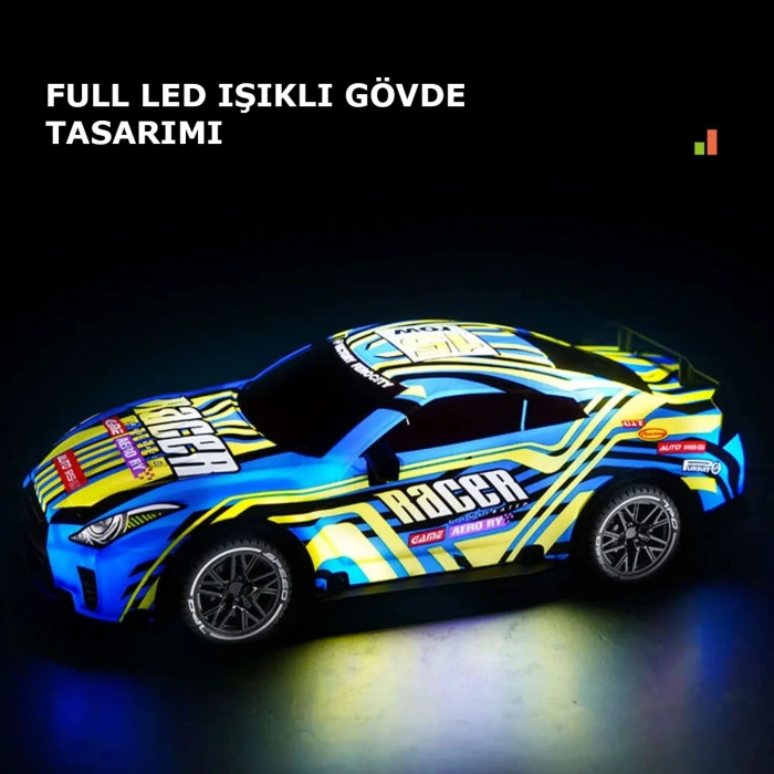 1:18 Full Fonksiyon LED Işıklı Şarjlı 2.4GHz Uzaktan Kumandalı Yarış Arabası Sarı