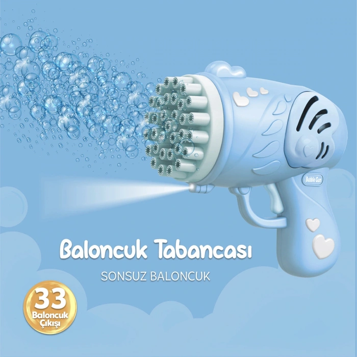 33 Kanal Işıklı Pilli Baloncuk Makinesi Baloncuk Tabancası Köpük Tabancası Bubble Gun Mavi