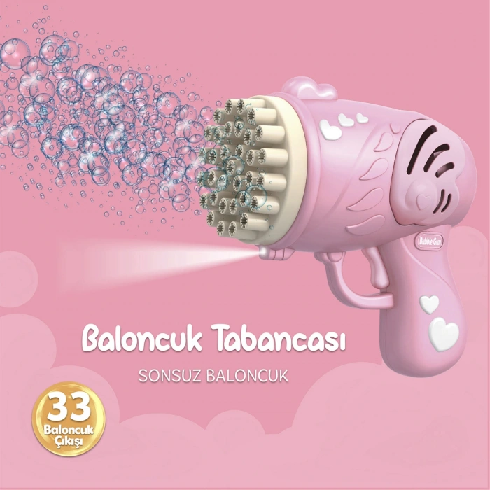 33 Kanal Işıklı Pilli Baloncuk Makinesi Baloncuk Tabancası Köpük Tabancası Bubble Gun Pembe