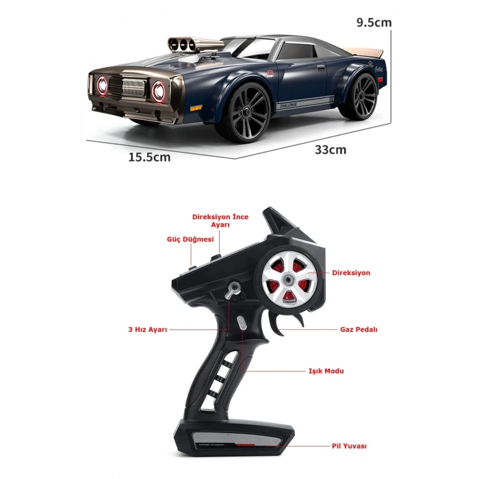 1:14 Elektrikli 50 KM Hız 4WD 2.4GHz RC Uzaktan Kumandalı Drift Drag Araba Yedek Lastikli LED Işıklı