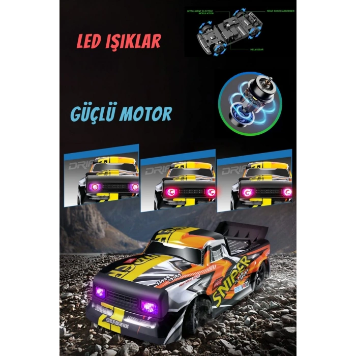 1:16 30 KM Hız Yapan LED Işıklı Yedek Lastikli Elektrikli 2.4 GHz Uzaktan Kumandalı RC Drift Araba