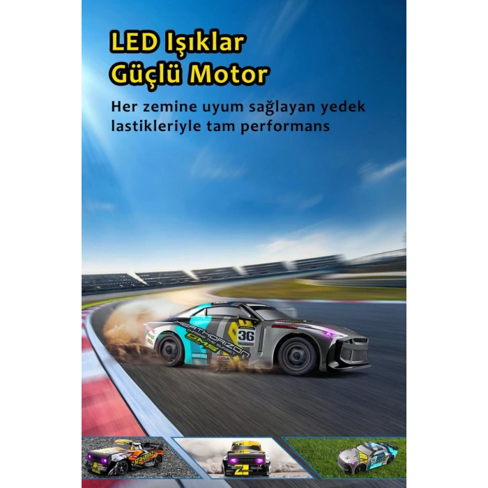 1:16 30 KM Hız Yapan LED Işıklı Yedek Lastikli Elektrikli 2.4 GHz Uzaktan Kumandalı RC Drift Araba Mavi