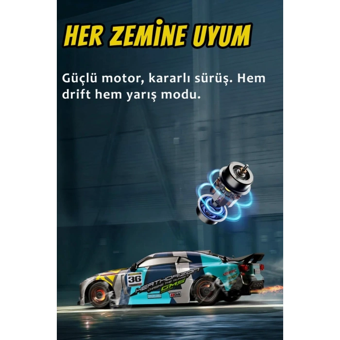 1:16 30 KM Hız Yapan LED Işıklı Yedek Lastikli Elektrikli 2.4 GHz Uzaktan Kumandalı RC Drift Araba Mavi