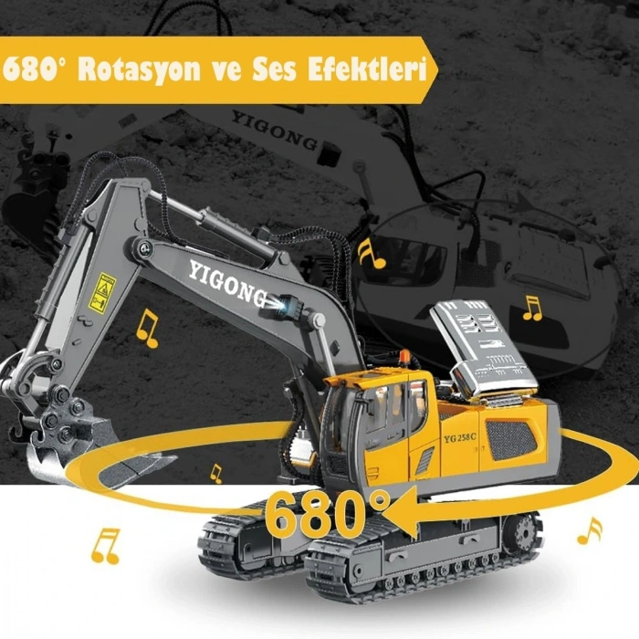 Işıklı Sesli Full Fonksiyon Metal Hareketli Kepçe 11 Kanal 2.4GHz Uzaktan Kumandalı 680° Rotasyon Excavator RC İş Makinesi