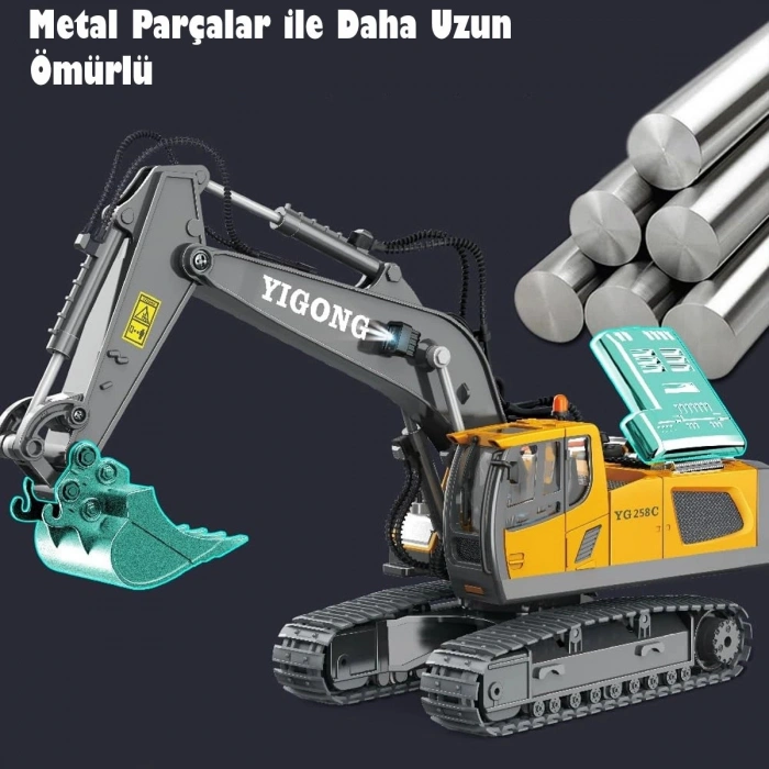 Işıklı Sesli Full Fonksiyon Metal Hareketli Kepçe 11 Kanal 2.4GHz Uzaktan Kumandalı 680° Rotasyon Excavator RC İş Makinesi