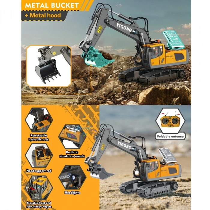 Işıklı Sesli Full Fonksiyon Metal Hareketli Kepçe 11 Kanal 2.4GHz Uzaktan Kumandalı 680° Rotasyon Excavator RC İş Makinesi