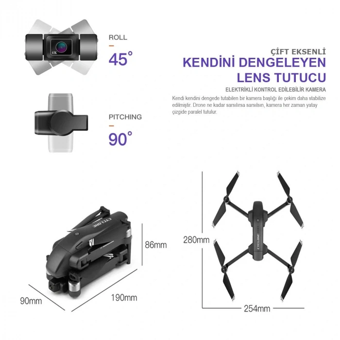 4K 5G WiFi 30DK Uçuş GPS Drone Fırçasız Motor Katlanabilir Taşıma Çantalı Çift Eksen Gimbal