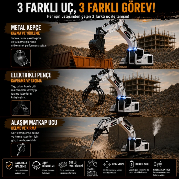 3in1 Excavator Kırıcı Delici Taşıyıcı RC Uzaktan Kumandalı Işıklı Sesli Metal Alaşım Ekskavatör İş Makinesi