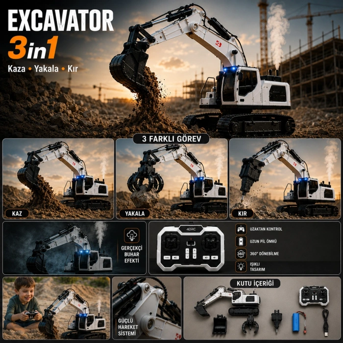 3in1 Excavator Kırıcı Delici Taşıyıcı RC Uzaktan Kumandalı Işıklı Sesli Metal Alaşım Ekskavatör İş Makinesi