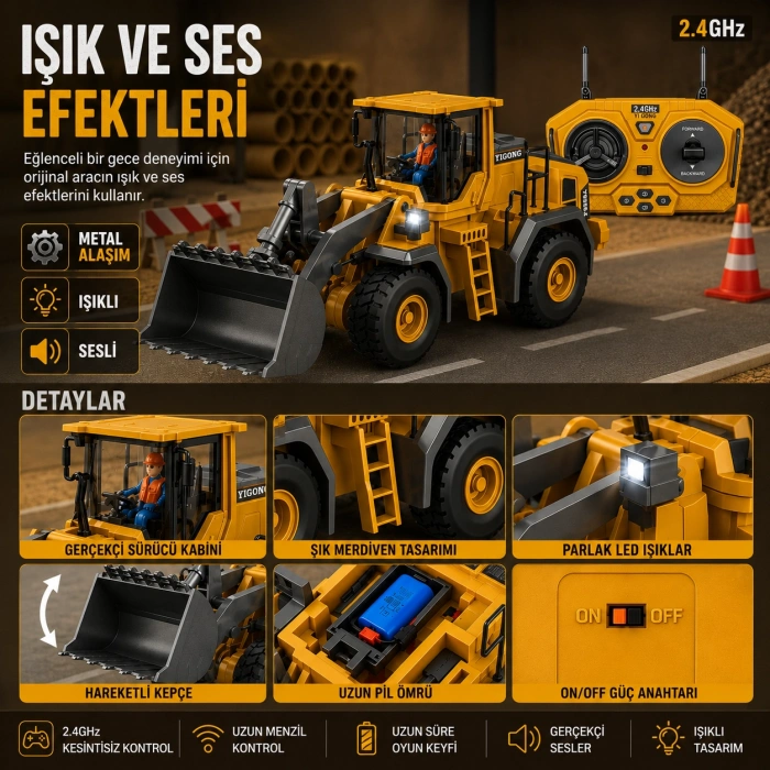 9 Kanal Full Fonksiyon Metal Hareketli Kepçe 2.4GHz RC Kepçe