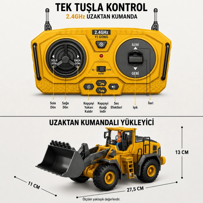9 Kanal Full Fonksiyon Metal Hareketli Kepçe 2.4GHz RC Kepçe
