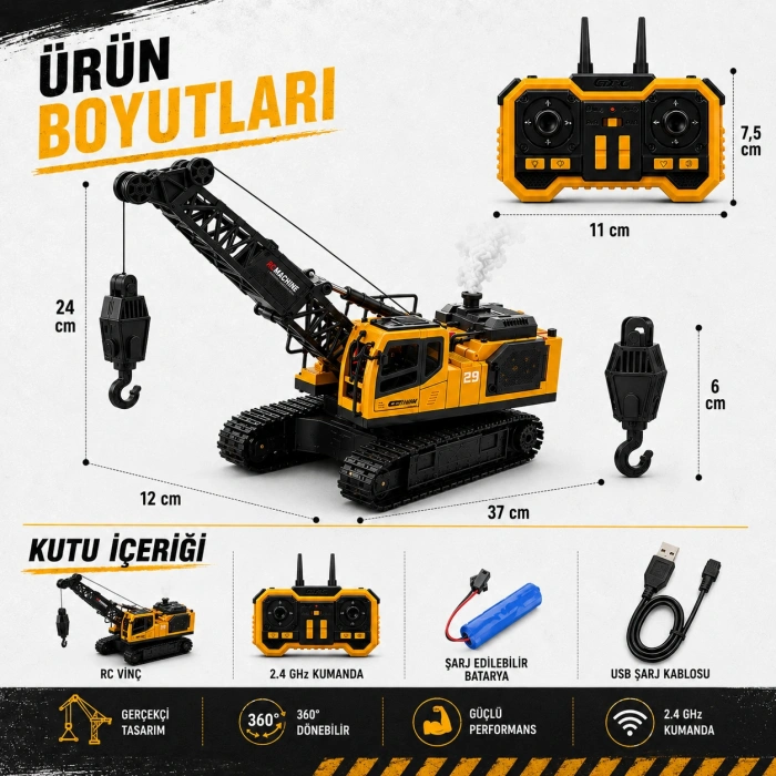 Buharlı Full Fonksiyon 2.4GHz RC Uzaktan Kumandalı RC Vinç Full Fonksiyon Paletli RC Vinç