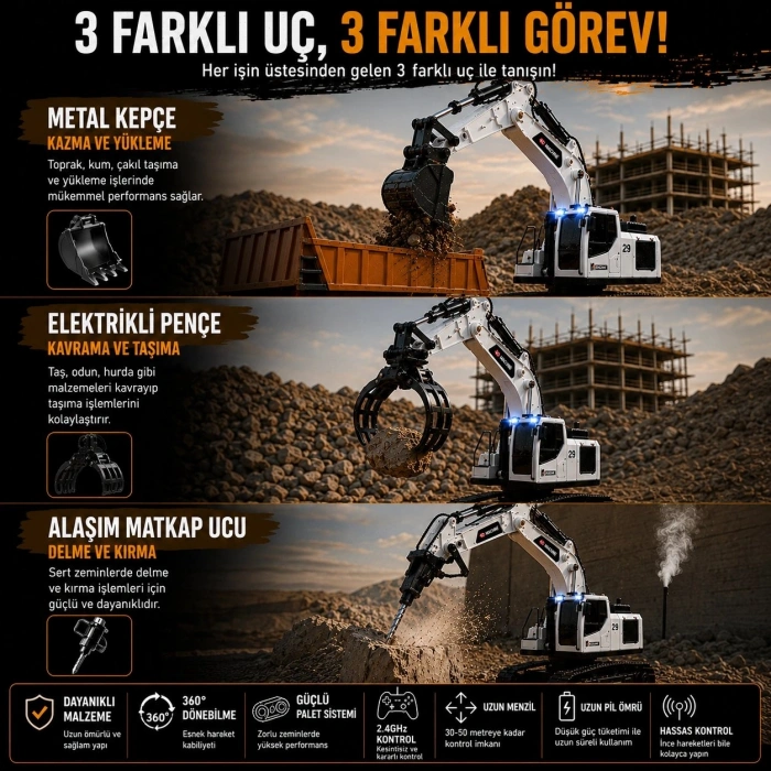 3in1 Excavator Kırıcı Delici Taşıyıcı RC Uzaktan Kumandalı Işıklı Sesli Metal Alaşım Ekskavatör İş Makinesi