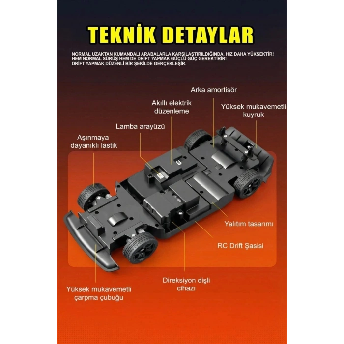 1:16 30 KM Hız Yapan LED Işıklı Yedek Lastikli Elektrikli 2.4 GHz Uzaktan Kumandalı RC Drift Araba