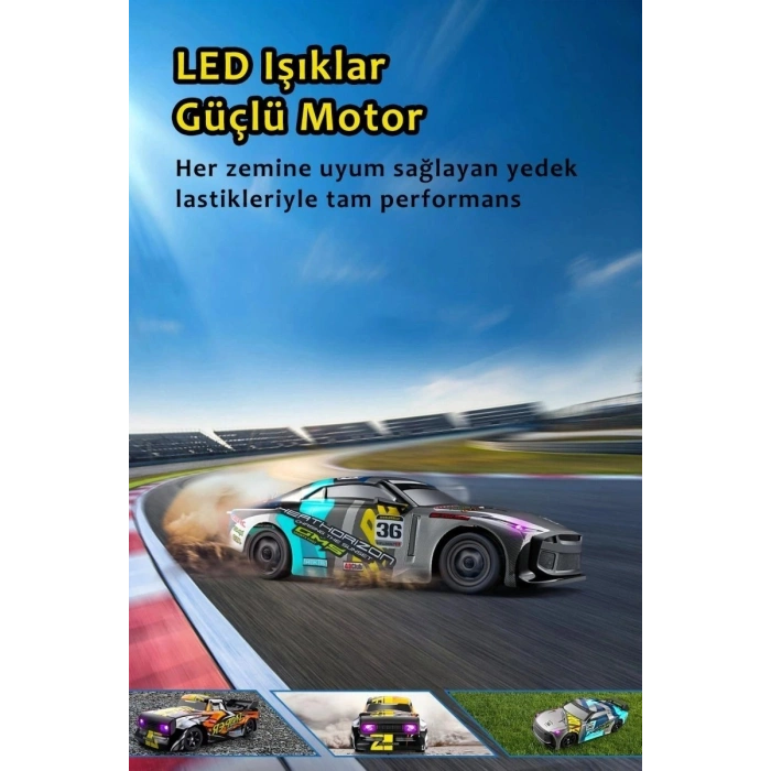 1:16 30 KM Hız Yapan LED Işıklı Yedek Lastikli Elektrikli 2.4 GHz Uzaktan Kumandalı RC Drift Araba Mavi