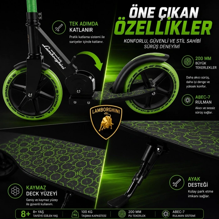 Lamborghini Lisanslı L6-200 Katlanabilir Metal Ayaklık Kaymaz Taban 2 Tekerlekli 8+ Yaş Çocuk Scooter Yeşil