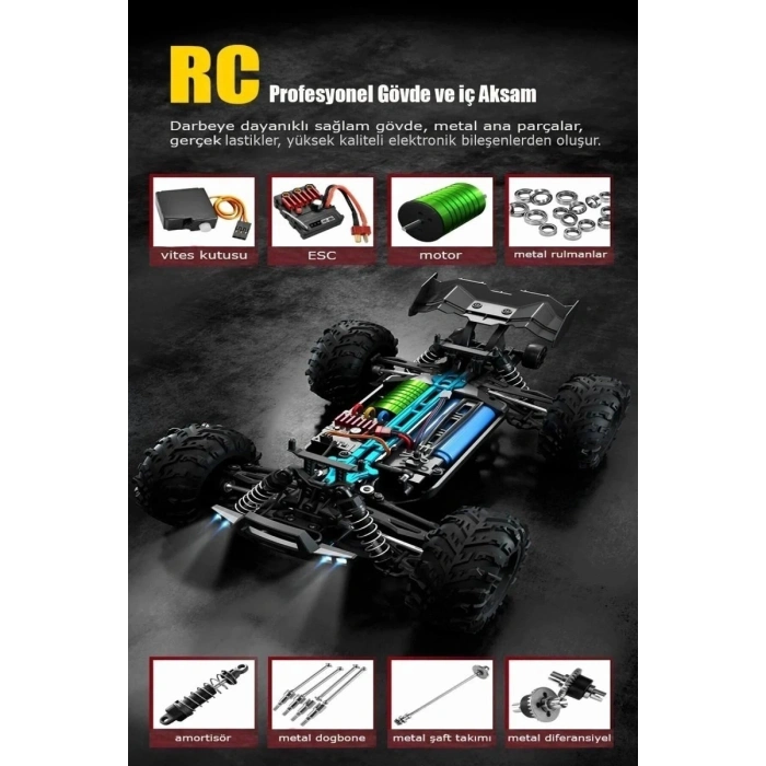 Profesyonel RC Uzaktan Kumandalı Araba 4WD 1:16 Metal İç Aksam 70km/H Şarjlı 4x4 Model Araç Sarı