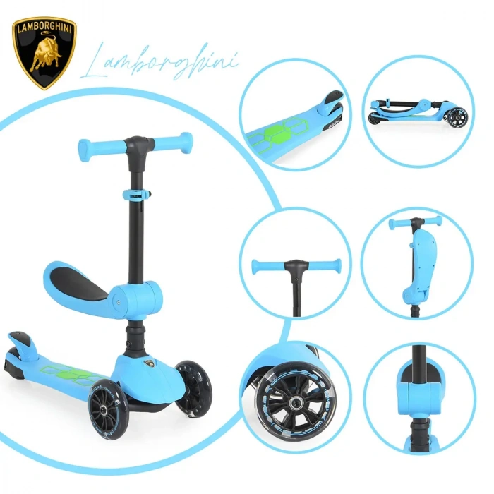 Lisanslı L5 2in1 Katlanabilir Oturaklı Işıklı 3 Tekerlekli Çocuk Scooter Mavi