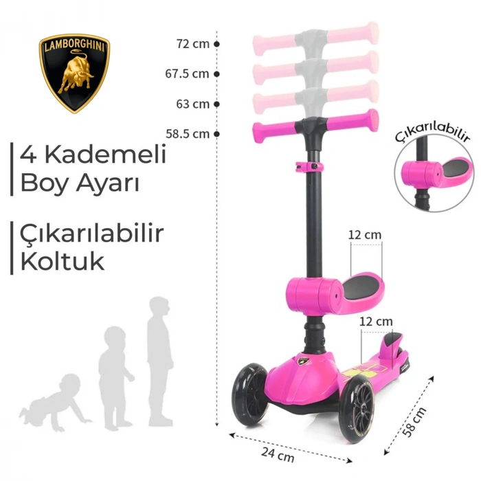 Lisanslı L5 2in1 Katlanabilir Oturaklı Işıklı 3 Tekerlekli Çocuk Scooter Pembe