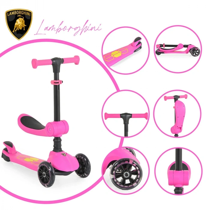 Lisanslı L5 2in1 Katlanabilir Oturaklı Işıklı 3 Tekerlekli Çocuk Scooter Pembe