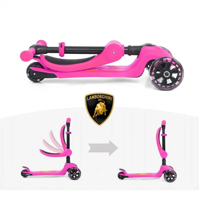 Lisanslı L5 2in1 Katlanabilir Oturaklı Işıklı 3 Tekerlekli Çocuk Scooter Pembe