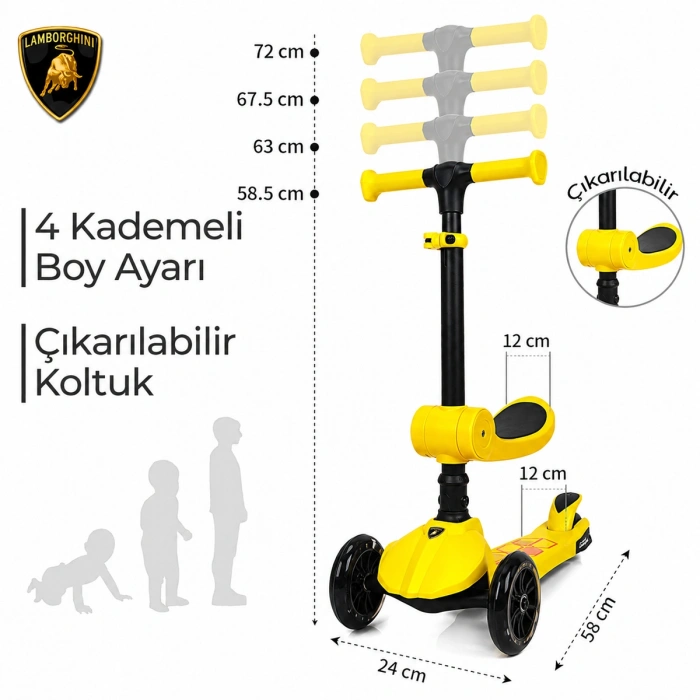 Lisanslı L5 2in1 Katlanabilir Oturaklı Işıklı 3 Tekerlekli Çocuk Scooter Sarı