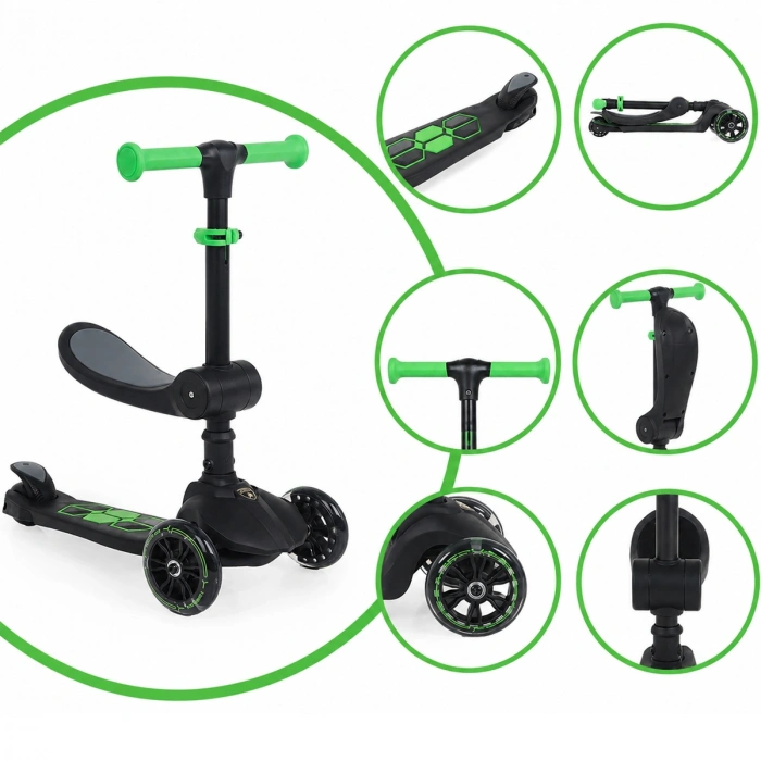 Lisanslı L5 2in1 Katlanabilir Oturaklı Işıklı 3 Tekerlekli Çocuk Scooter Yeşil Siyah