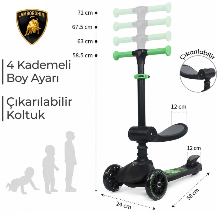 Lisanslı L5 2in1 Katlanabilir Oturaklı Işıklı 3 Tekerlekli Çocuk Scooter Yeşil Siyah